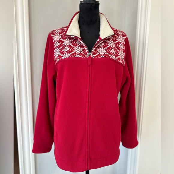 L.L. Bean Nordic Fleece Zip Up Jacket Women Size Large Snowflake ❄️ Red - Picture 1 of 12